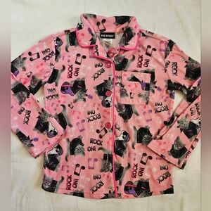 Joe Boxer Girls Pink Cat Rock & Roll Long Sleeve Button Up Pajama Top Size XS